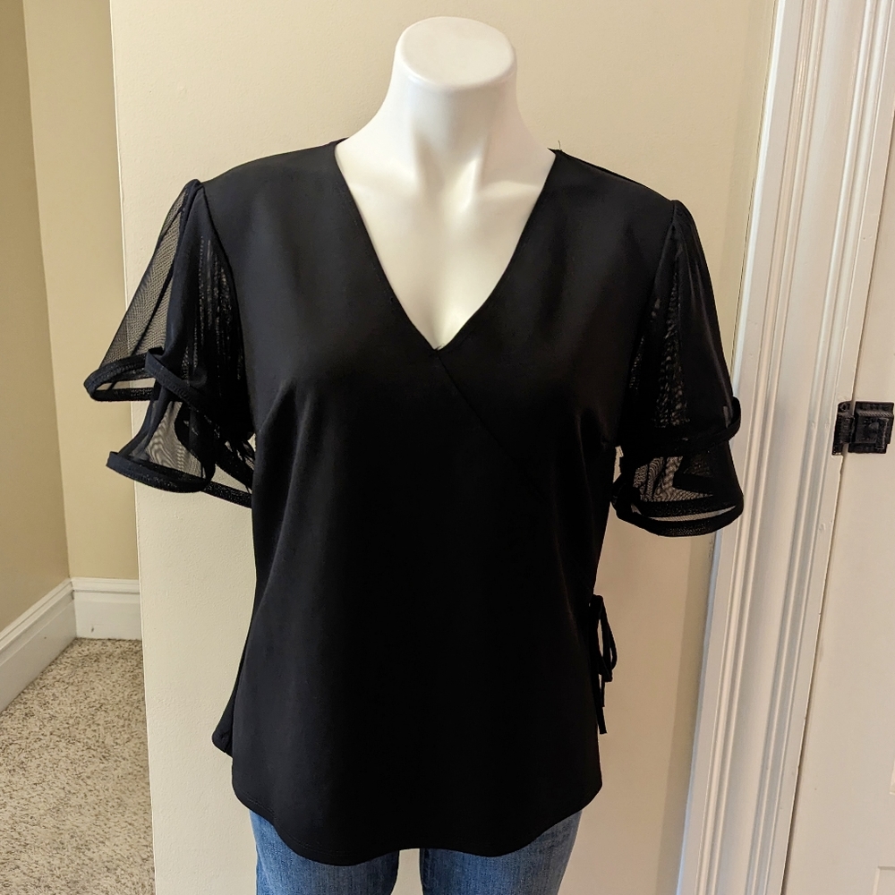 Black faux wrap top with sheer ruffle.slwwves size 1X